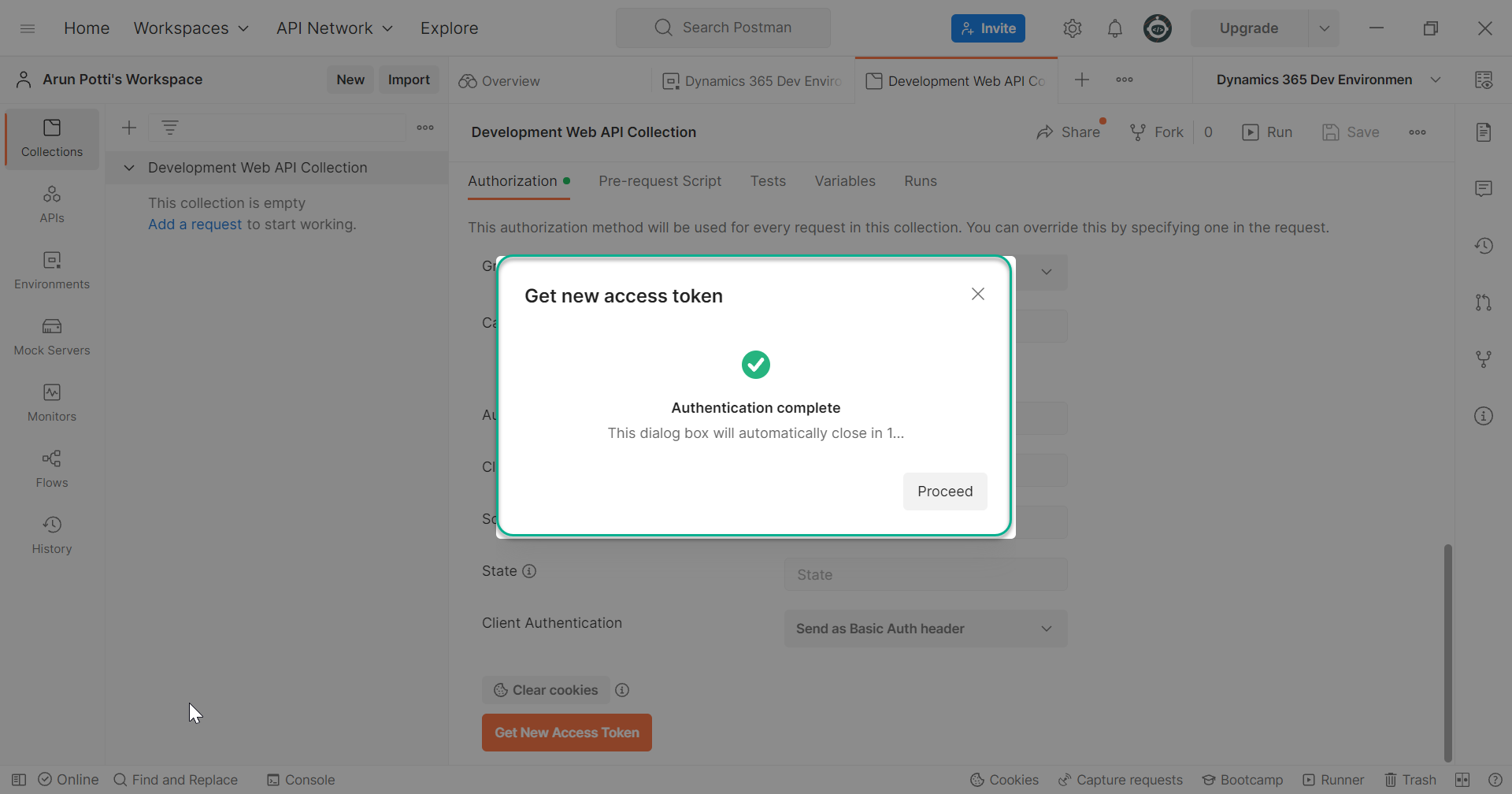 setup and connect to the Dataverse environment in Postman